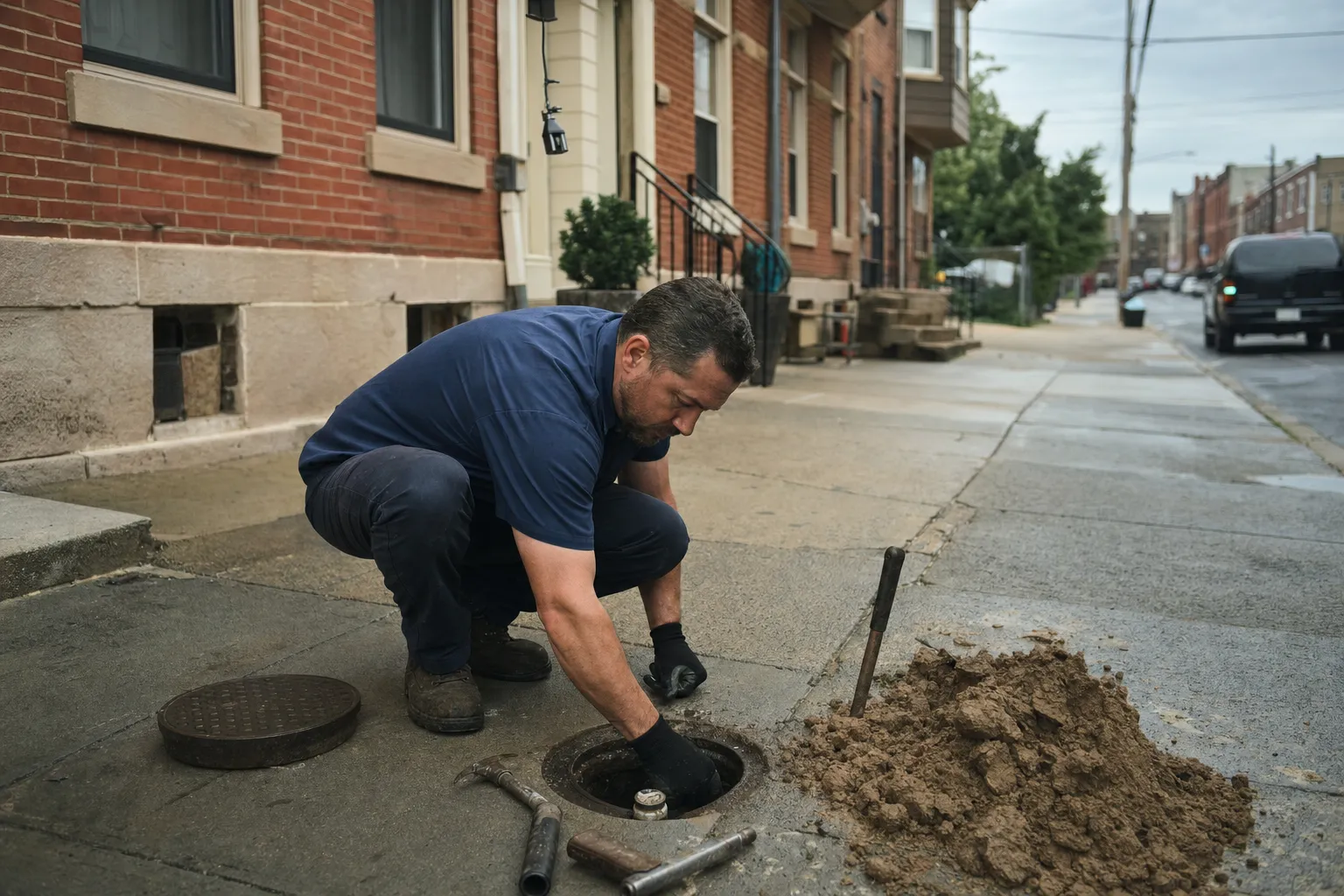 Plumber inspecting a curb trap connection near the sidewalk of a Philadelphia brick row home