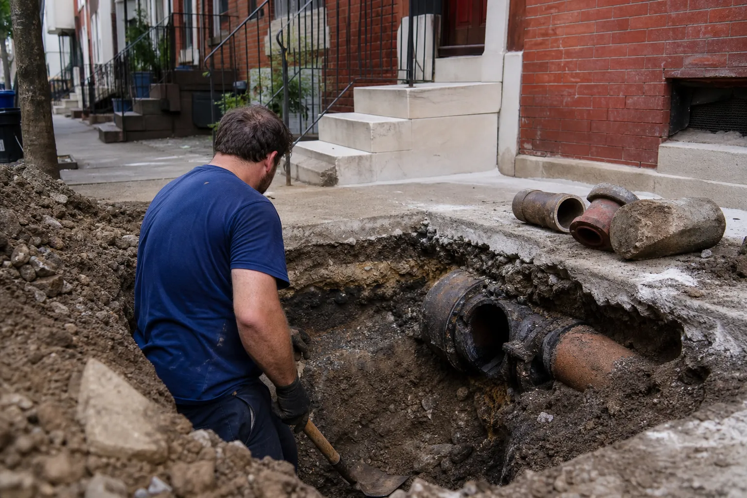 Excavated trench in front of a Philadelphia row home exposing a corroded curb trap and sewer lateral during repair