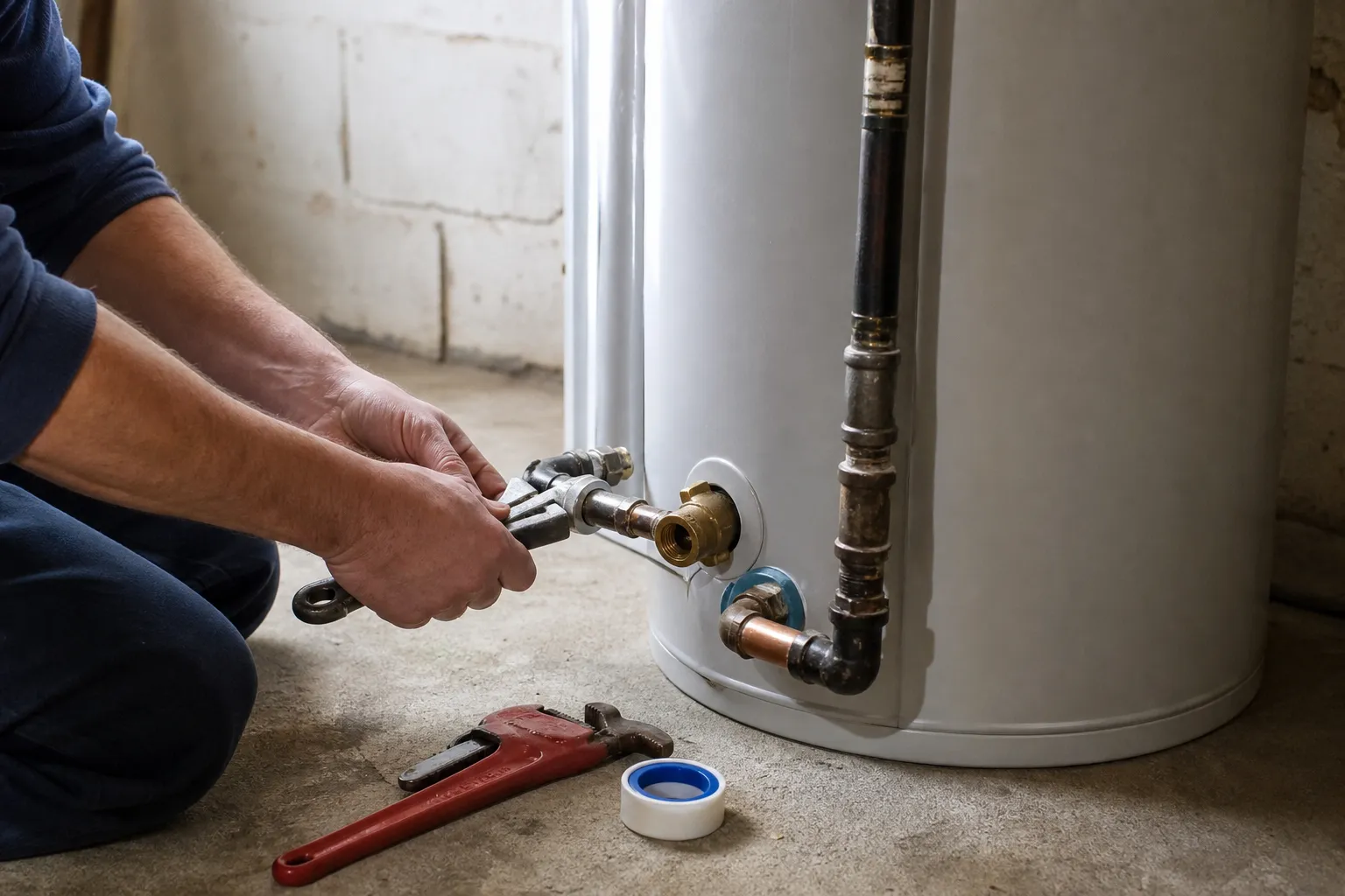 Plumber connecting the gas and water lines to a newly installed tank water heater