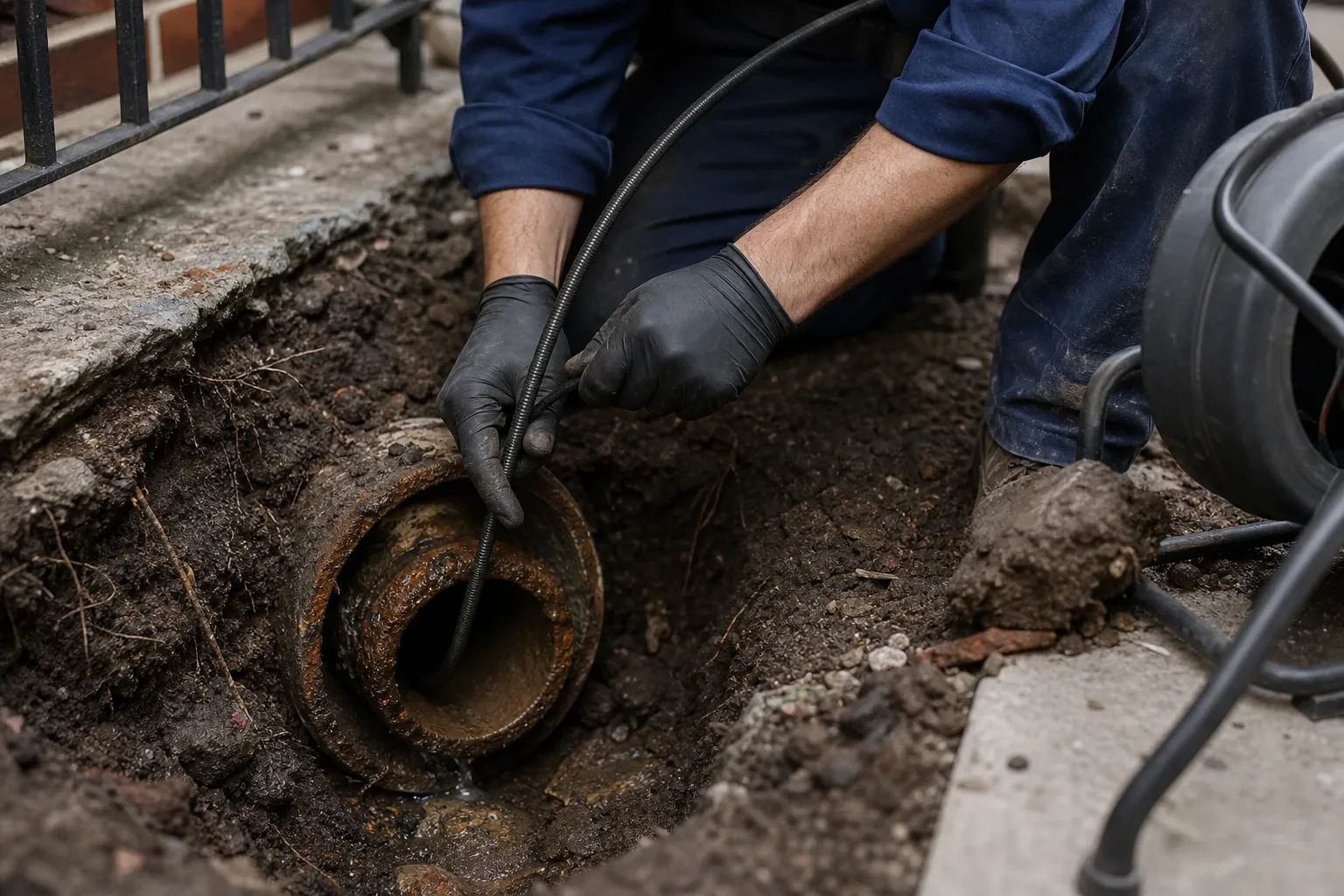 Plumber feeding a sewer camera into an exposed curb trap line near a Philadelphia row home sidewalk