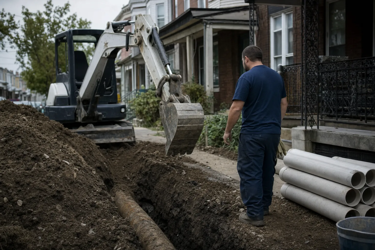 Sewer line replacement excavation in the front yard of a Philadelphia brick row home