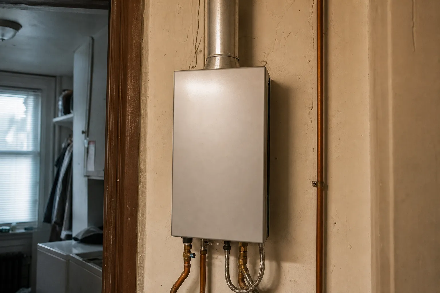 Compact wall-mounted tankless water heater installed in a tight Philadelphia row home utility closet