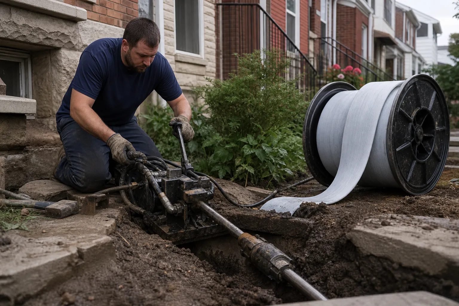Trenchless pipe-bursting equipment set up at a small access pit in a Philadelphia row home front yard
