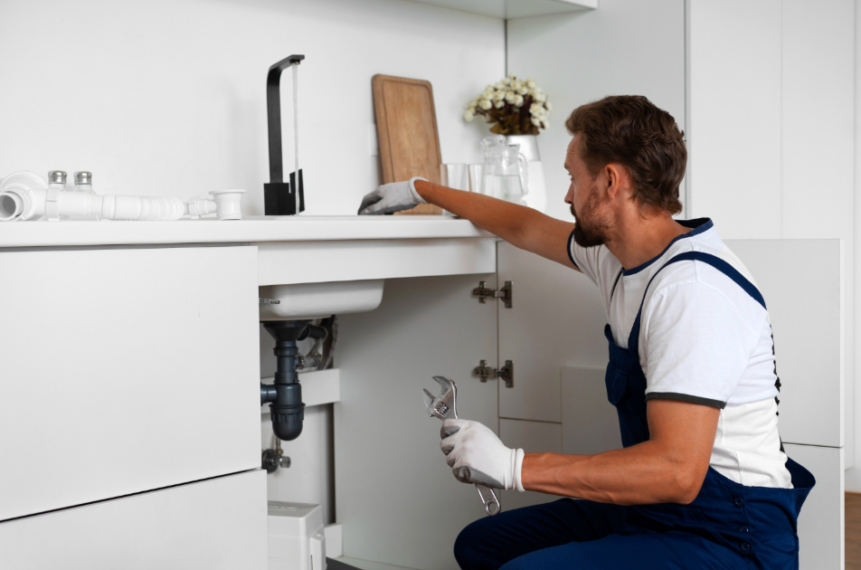 Plumber inspecting a sink shut-off valve during an emergency call in a Philadelphia home